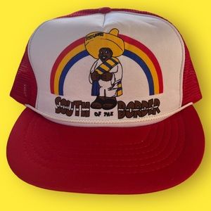 Vintage 1980s South Of The Border Pedro Rainbow Cartoon SnapBack Trucker Hat.